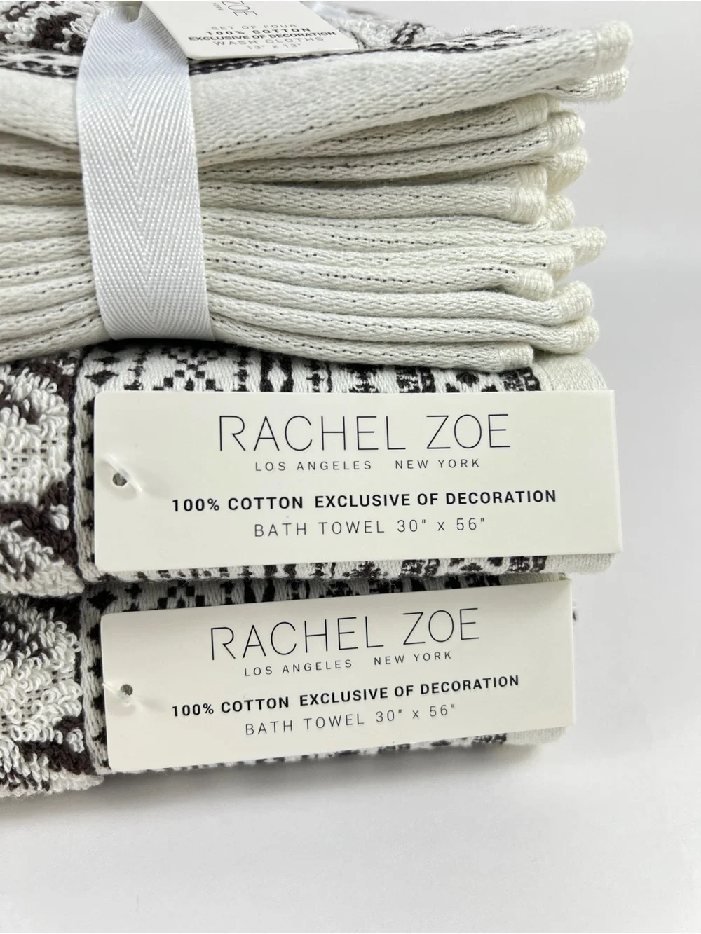 Rachel Zoe Bath Towel Set Brown Cream Zigzag Chevron Soft 100% Cotton 8 Pc NEW
